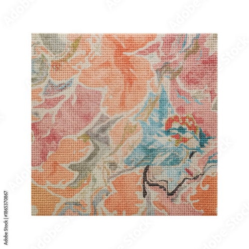 Colorful Floral Pattern on Fabric in a Close-Up View Showing Details of the D...