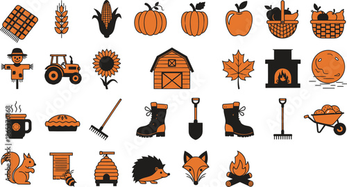 Harvest Icons. Harvest and benefits. Solid icon set of Harvest and benefits: healthy soil, crop yield, plant growth, nitrogen cycle, roots, eco badge, farm 