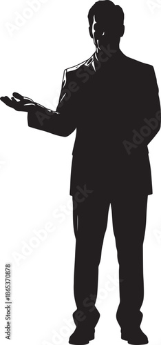 Silhouette of a person in a suit with one arm extended and holding a microphone also transparent background
