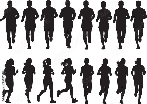 Silhouettes of Men and Women Running in Black and White also transparent background