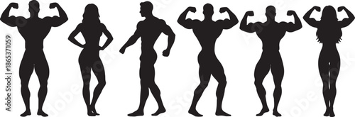 Silhouettes of muscular men and women flexing and posing in various stances also transparent background