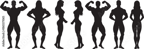 Silhouettes of muscular men and women in various poses against a white background also transparent background