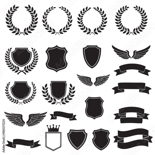 Collection of decorative heraldic elements and laurels isolated