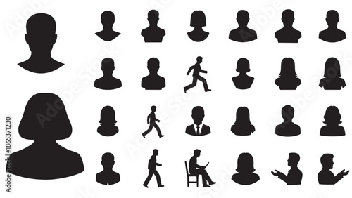 Collection of diverse human silhouette poses isolated on transparent background