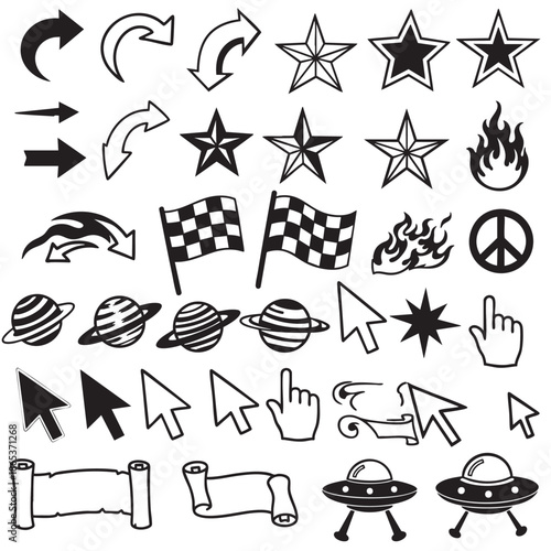 Collection of hand drawn icons and symbols isolated on transparent background