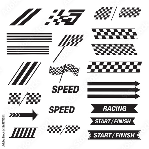 Collection of speed and racing themed icons and symbols isolated
