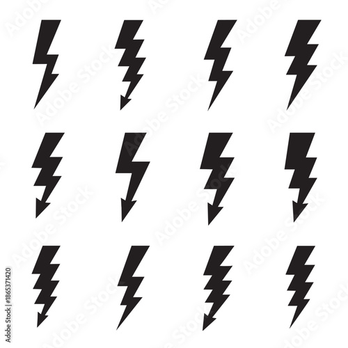 Set of twelve lightning bolt icons isolated on transparent background