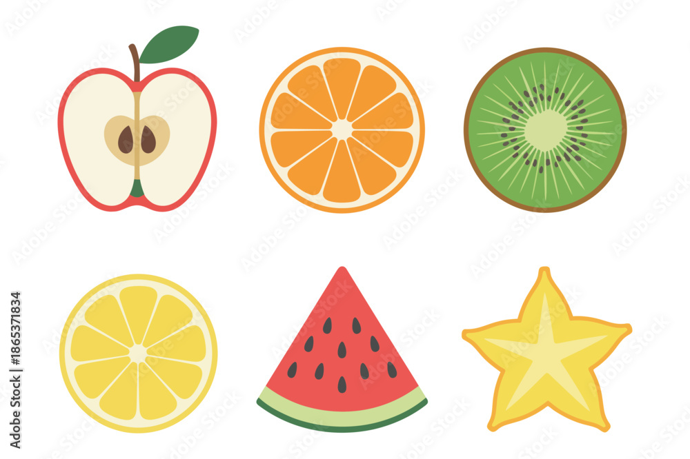 Fototapeta premium Fresh Sliced Fruit Illustration Set with Apple Orange and Kiwi