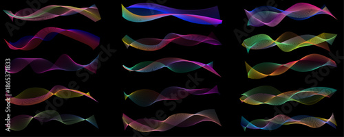 Abstract neon gradient wave lines set on black background modern colorful sound flow curves spectrum oscillation shapes for music visualization tech branding motion overlays and digital design assets