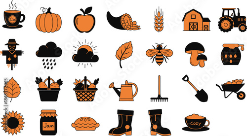 Harvest Icons. Harvest and benefits. Solid icon set of Harvest and benefits: healthy soil, crop yield, plant growth, nitrogen cycle, roots, eco badge, farm 