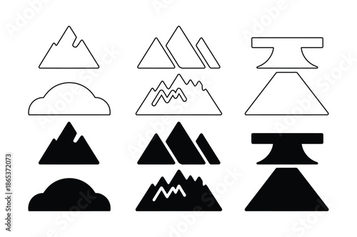 Minimalist mountain peak and hill icon set