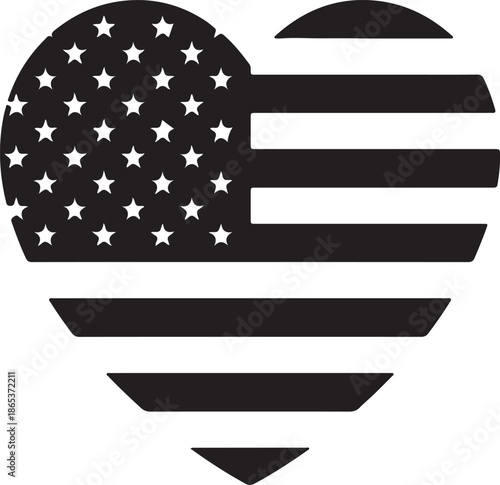A minimalist black and white heart shaped representation of the American flag design with stars and stripes