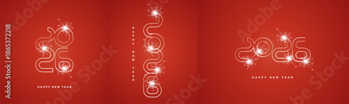 2026 Happy New Year event ultra modern neon line design numbers typography. Set collection of 2026 white red icon logo with sparkle firework for calendar, poster, banner and social media template