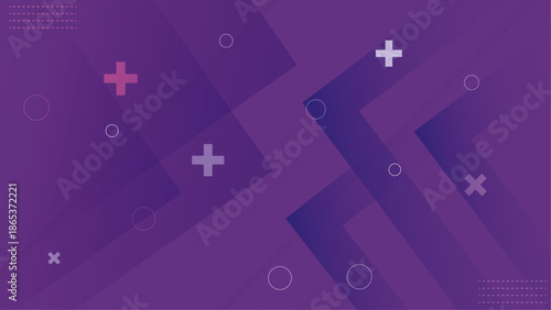 Purple Abstract Geometric Background with Plus and Cross Symbols, Circles and Fluid Shapes — Modern Minimal Memphis Style Design for Creative Branding, Web UI, Posters, Social Media and Digital Use