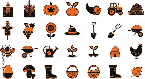 Harvest Icons. Harvest and benefits. Solid icon set of Harvest and benefits: healthy soil, crop yield, plant growth, nitrogen cycle, roots, eco badge, farm 