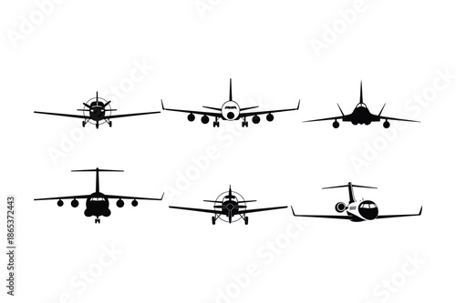 Front view airplane silhouettes for aviation and travel design