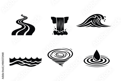Water silhouettes set including waves, river, and waterfall