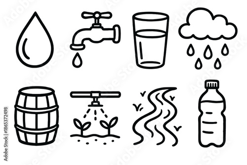 Water conservation linear icon set. featuring water drop, tap, glass, cloud, barrel, irrigation, river, bottle symbols