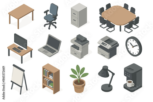 Office supplies isometric icon set. featuring desk, chair, file cabinet, laptop, copier, clock, plant, lamp, coffee maker