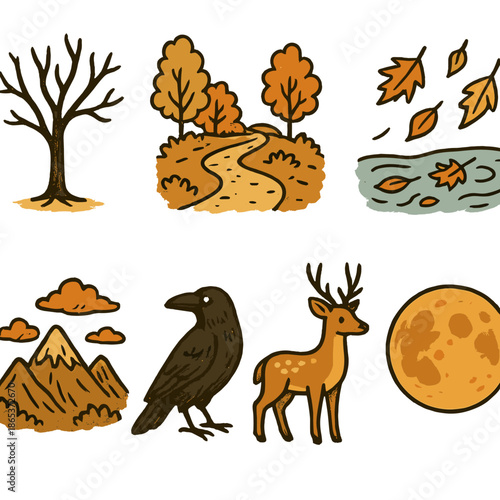 Autumn nature silhouette icon set. featuring tree, forest, river, mountain, crow, deer, and moon symbols
