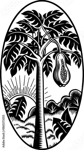 Misty Rainforest Sunrise with Ripe Papaya