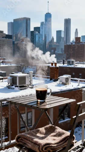 Vertical video of a steaming cup of coffee on a snowy rooftop table. Hot black coffee mug with city skyline in the background. Winter morning lifestyle concept