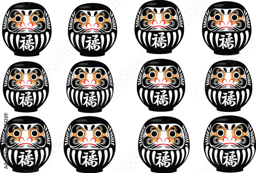 Vector illustration set of traditional black Japanese Daruma dolls featuring white and red facial details and gold Kanji characters for good fortune.