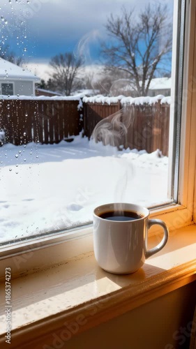 Steaming cup of hot coffee on a window sill overlooking a snowy backyard. Vertical video of a white mug in morning sunlight with condensation on the glass. Winter coziness and relaxation concept