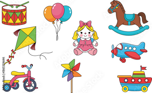 Vector illustration set of colorful children toys including a drum balloons rocking horse kite doll airplane tricycle pinwheel and toy boat.