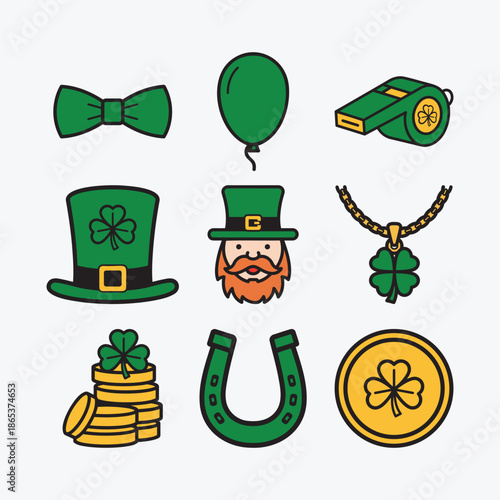 St patricks day icons set leprechaun hat, bow tie, balloon, whistle, face, necklace, coins, horseshoe, gold coin.
