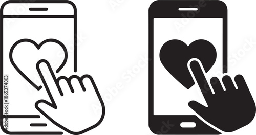 A smartphone screen displaying a heart icon is touched by a hand, symbolizing social media interaction