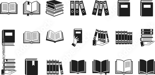 Black and white vector illustration set of book icons including open books stacked volumes library binders and hands holding textbooks isolated.