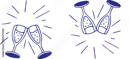 Clinking champagne glasses illustrated in lively line art with radiant motion lines. Festive toast artwork expressing joy, success, and celebration moments. Minimal graphic design ideal for parties an