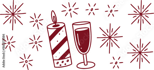 Festive candle and champagne glass surrounded by sparkling fireworks in elegant line art. Celebration illustration with joyful holiday mood and party vibes. Minimal graphic design perfect for events a