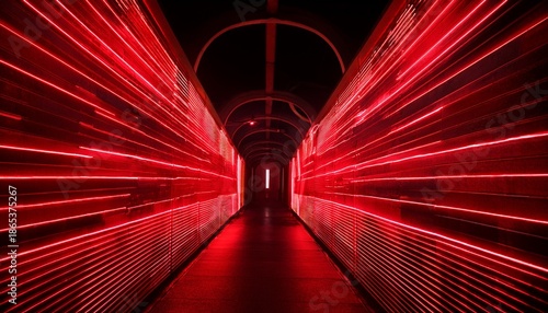 mysterious corridor illuminated by red lasers at night