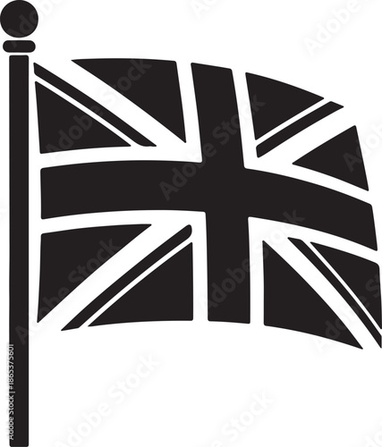 Minimalist Black and White Vector of Waving Union Jack Flag on Pole – UK National Symbol Icon