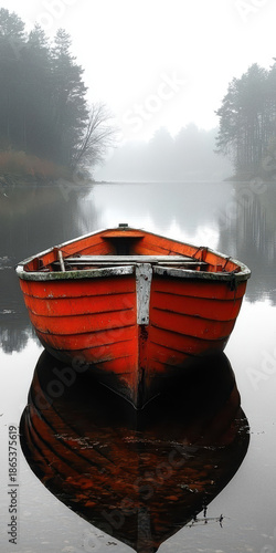 Red Wooden Boat Reflection in Water