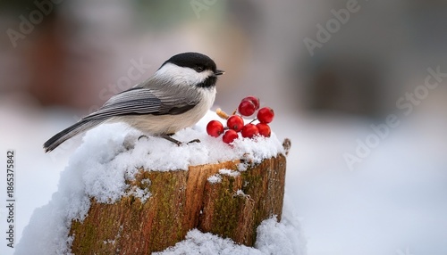 Small Bird Likely A Chickadee Perched On Snowy Tree Stump With Berries