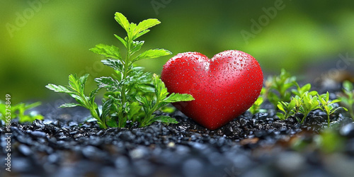 Red Heart on Green Grass with Flowers
