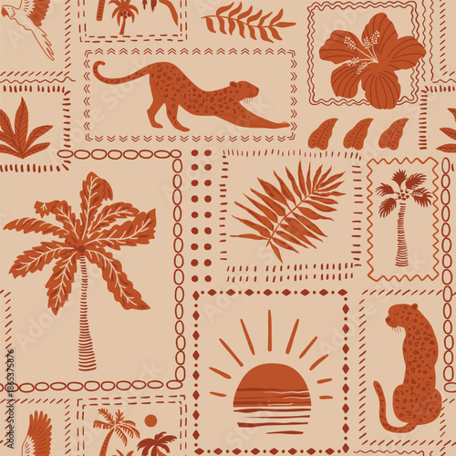 Tropical patchwork seamless pattern. Brown summer jungle print, leopard, parrot, palm tree, leaves framed wallpaper. Organic ethnic textile design, hand drawn beach repeat background. Vector paper.
