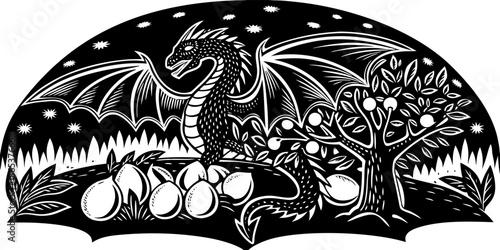 Dragon on Mango Tree under Moonlight Fantasy Illustration