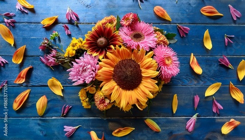 A Vibrant Bouquet Of Sunflowers Asters And Dahlias With Delicate Petals Scattered On A Wooden Surface