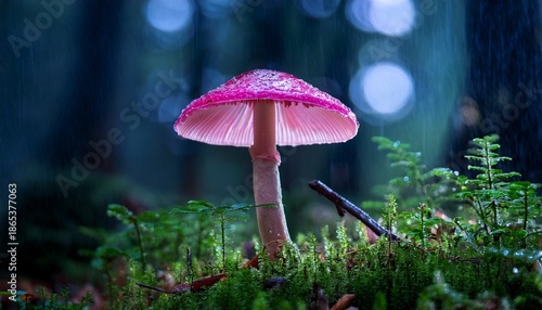 Glowing Pink Mushroom In A Rain Swept Forest