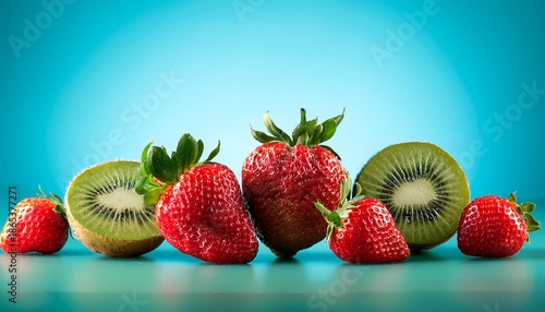 Vibrant Strawberry And Kiwi Arrangement On Light Blue Gradient Background