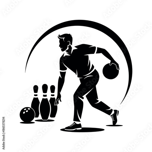 Silhouette of a man bowling, isolated on white background