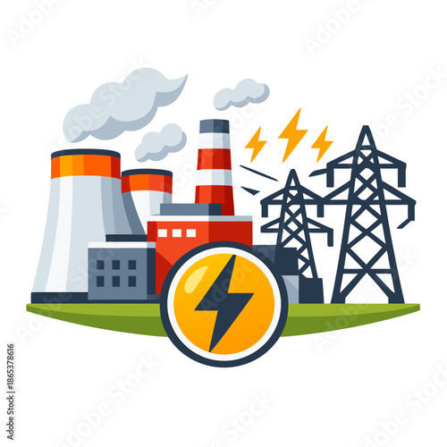 Electricity Power Plant Illustration with Transmission Lines