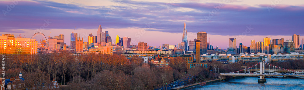 Fototapeta premium London skyline panoramic sunset with London Eye and City skyscrapers, UK