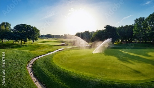 golf course with meticulously planned sprinkler system waters lush green fairway under clear blue sky surrounded by trees
