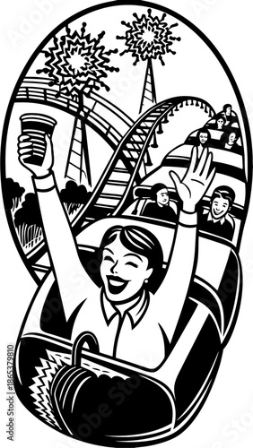 Excited Coffee Lover Enjoying Thrilling Theme Park Ride