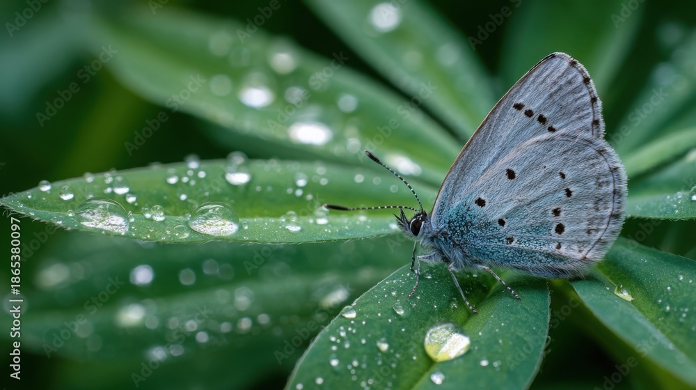 Fototapeta premium Silvery Blue Butterfly Closeup on Dew Covered Lupine Leaf